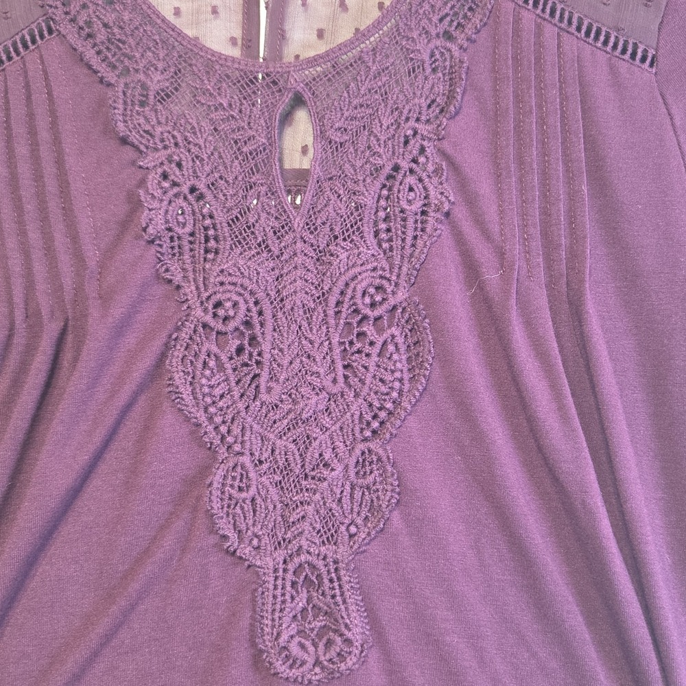 Daniel Rainn Plum Crochet Lace Blouse‎ Womens PM 3/4 Sleeve Sheer Yoke Top